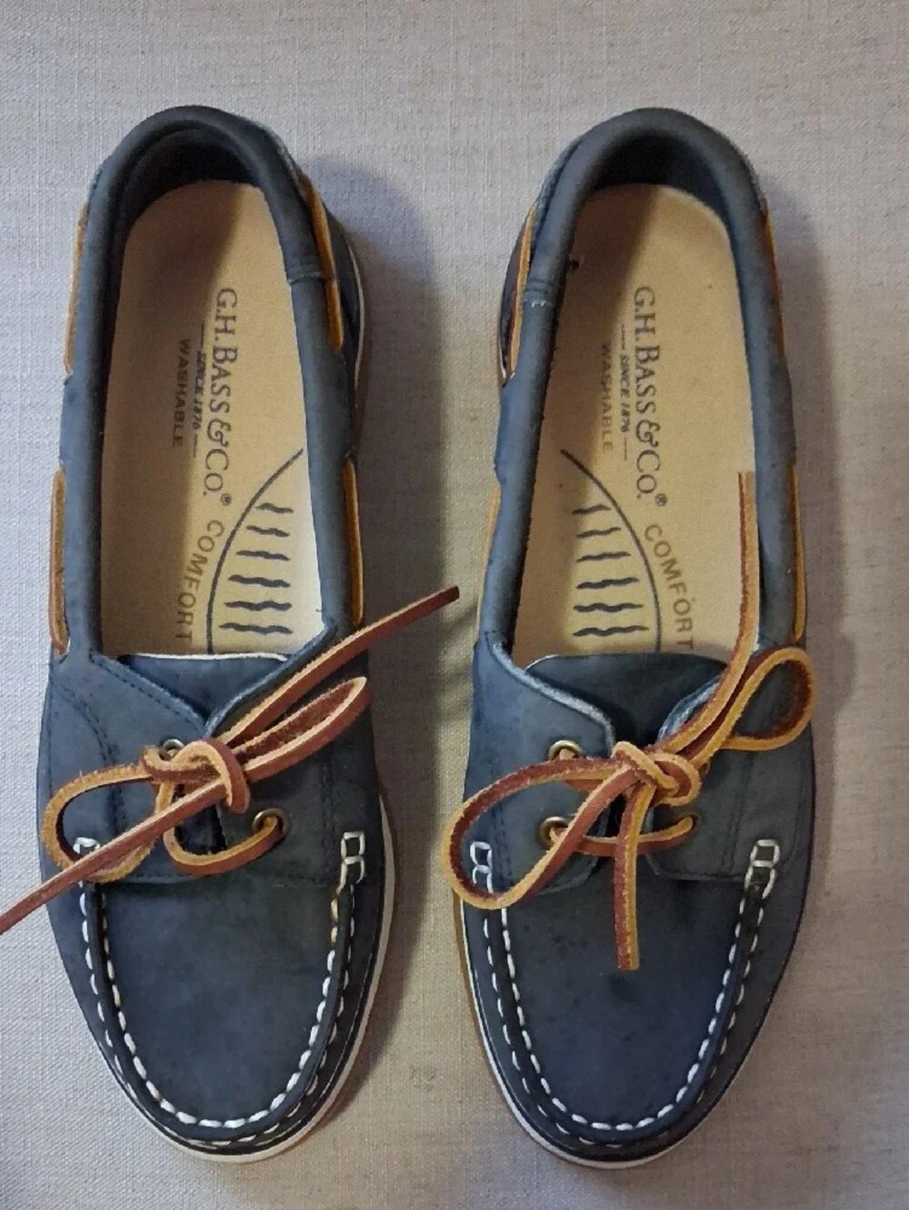 G.H. Bass & Co. Navy Leather Boat Shoes with Tan Laces